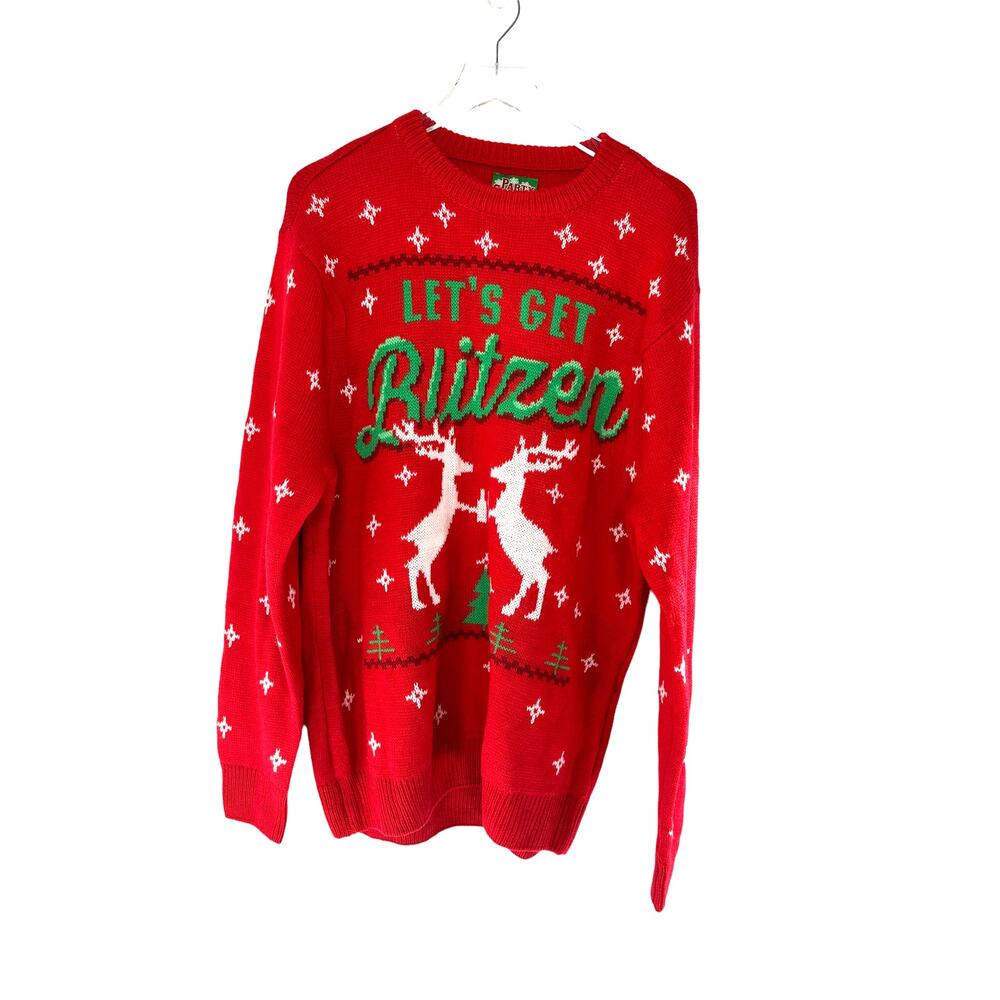 Party Sweater Lets Get Blitzen Red Ugly‎ Christmas Reindeer Knit Mens Large L